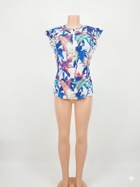 Women’s White Tropical Palm Print Cap Sleeve Top